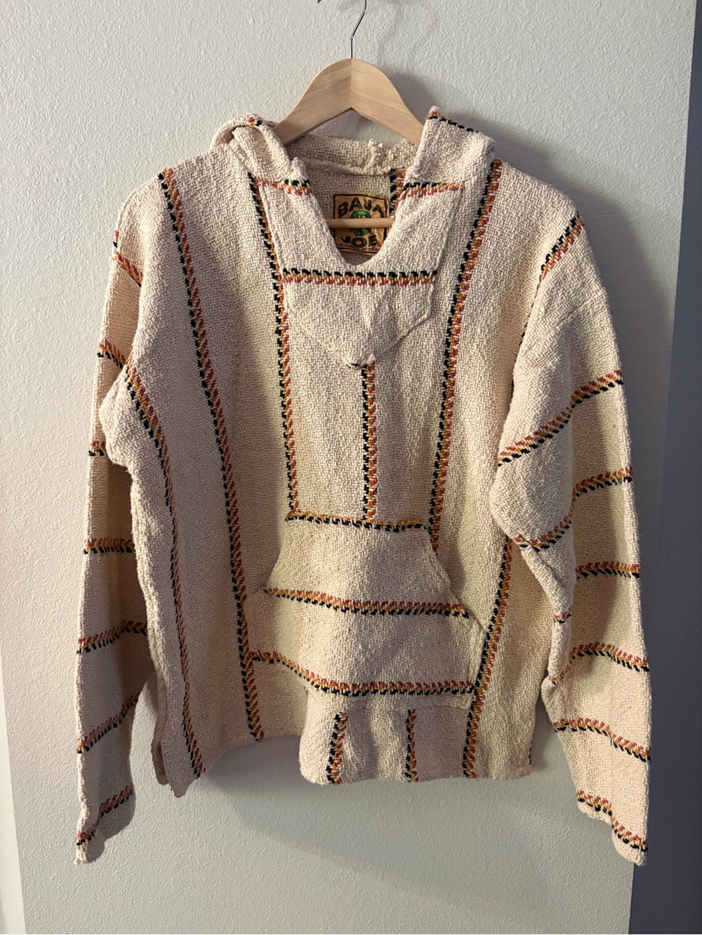 Boho Baja Joe San Miguel Cotton Blend Striped Cream Hoodie Hippie Streetwear M